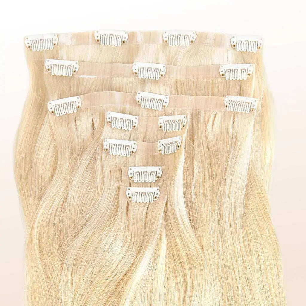 Luxueuze haarverlengingen van 100% menselijk haar met PU clip-in haarextensions van Luxurious Hairextensions, zichtbaar in de afbeelding