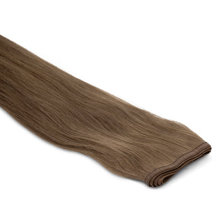 Luxueuze Luxurious Hairextensions Deluxe Flat Weft Pro, 100% menselijk haar, mediumbruin, 50cm lange haarverlenging op foto