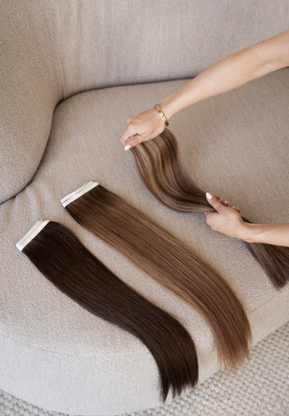 Luxe Infinity Strip Tape-in haarextensies van 100% menselijk haar, getoond in een natuurlijke haardracht.