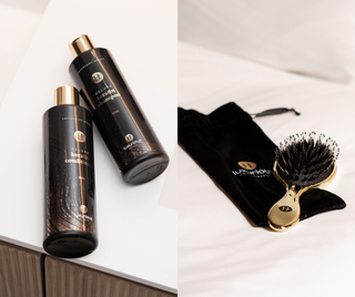 Haarverzorgingsproduct van Luxurious Hairextensions, The Care & Style Ritual, met fles en haarverzorgingsproducten op een witte achtergrond