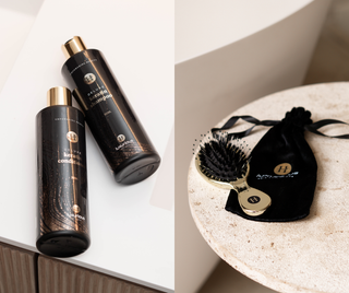 Haarverzorgingsset van Luxurious-Hairextensions met shampoo, conditioner en verzorgingsproducten voor dagelijks gebruik.