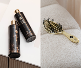 Haarverzorging van Luxurious Hairextensions, The Ultimate Glow Ritual met glanzende, gezonde haarverzorgingsproducten.